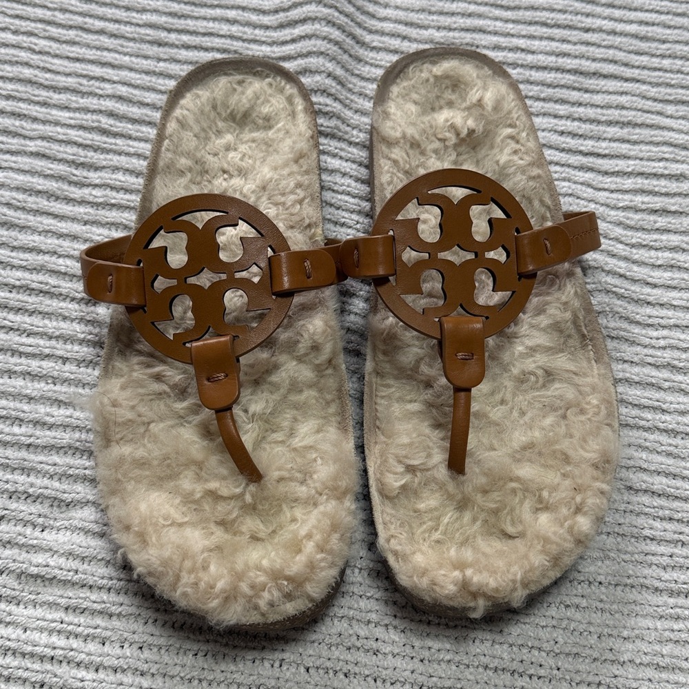 Tory Burch Leather Miller Cloud Sherling Sandals size 8.5